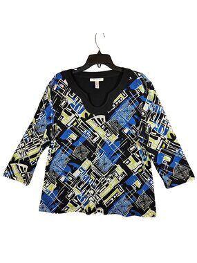 JM Collections Flowy Blouse Womens XL Black Blue Geometric Career Office date